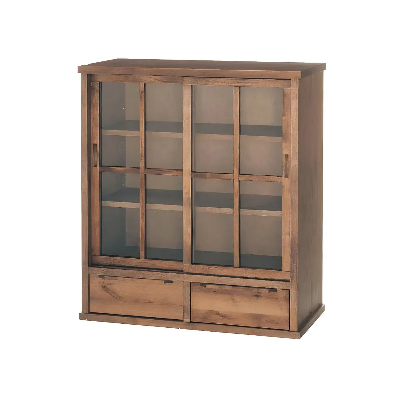 Vitrine en bois brun avec étagères réglables et portes vitrées