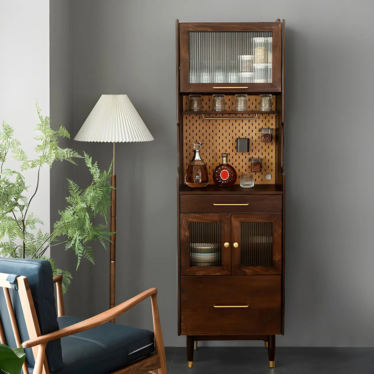 vaisselier de salle à manger avec portes vitrées en noyer réglables