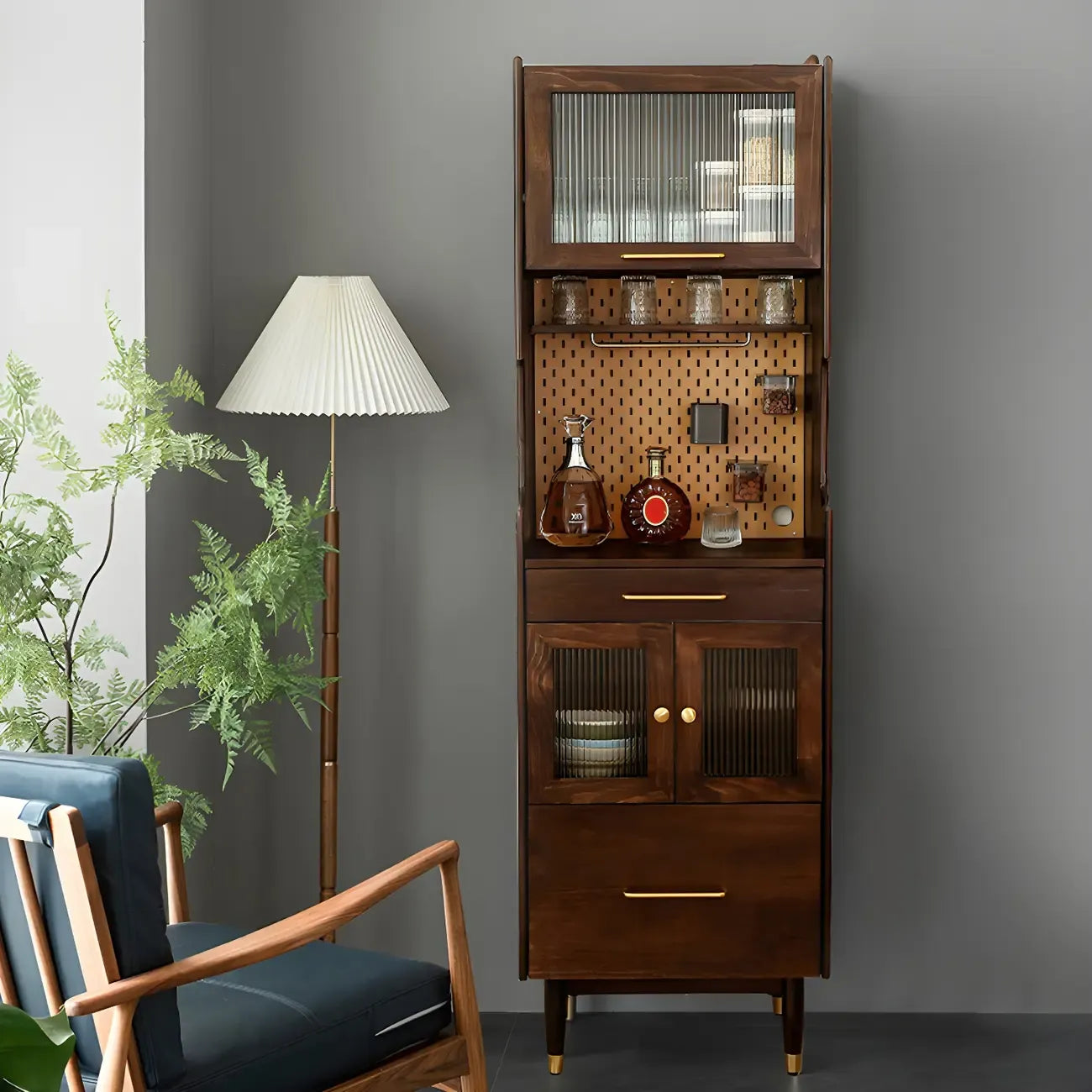 vaisselier de salle à manger avec portes vitrées en noyer réglables