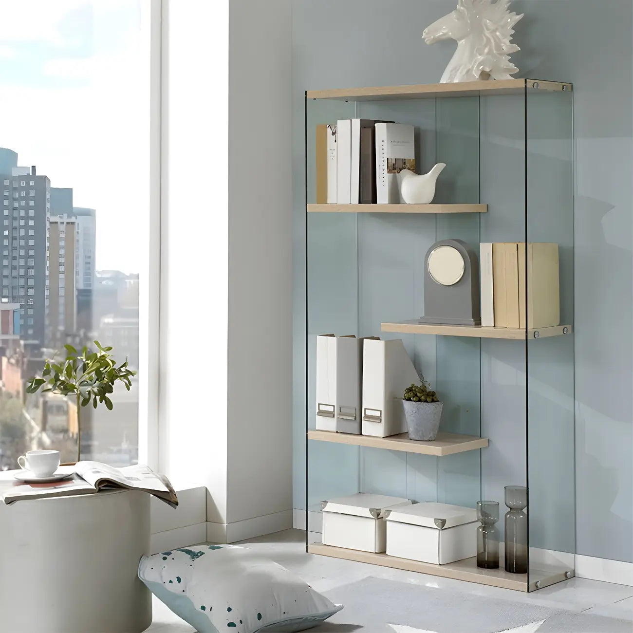 Étagère bibliothèque ouverte tendance en verre et bois