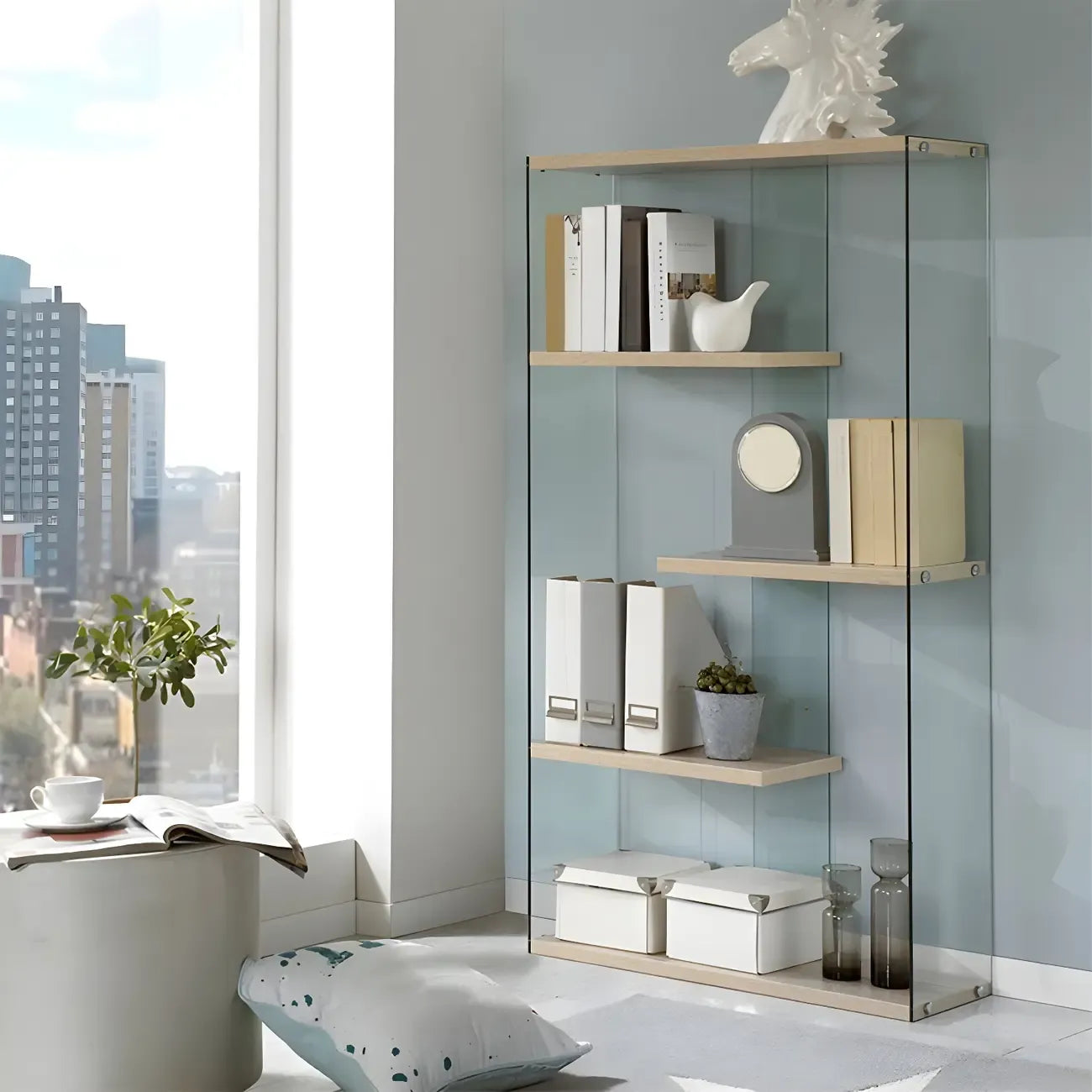 Étagère bibliothèque ouverte tendance en verre et bois