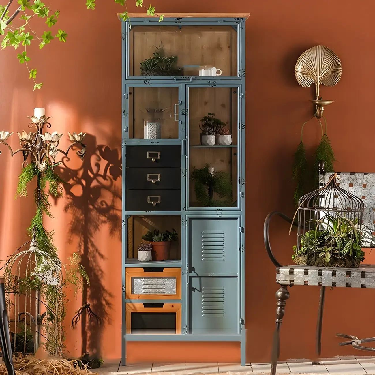 Vitrine moderne cintrée en bois et porte vitrée