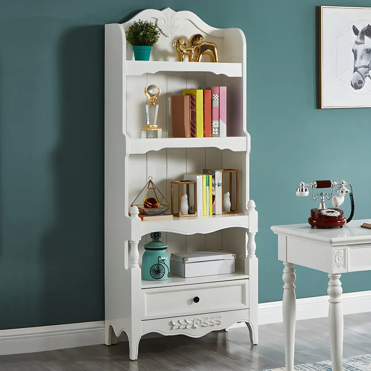 Bibliothèque traditionnelle en bois marron à 3 étagères avec tiroir