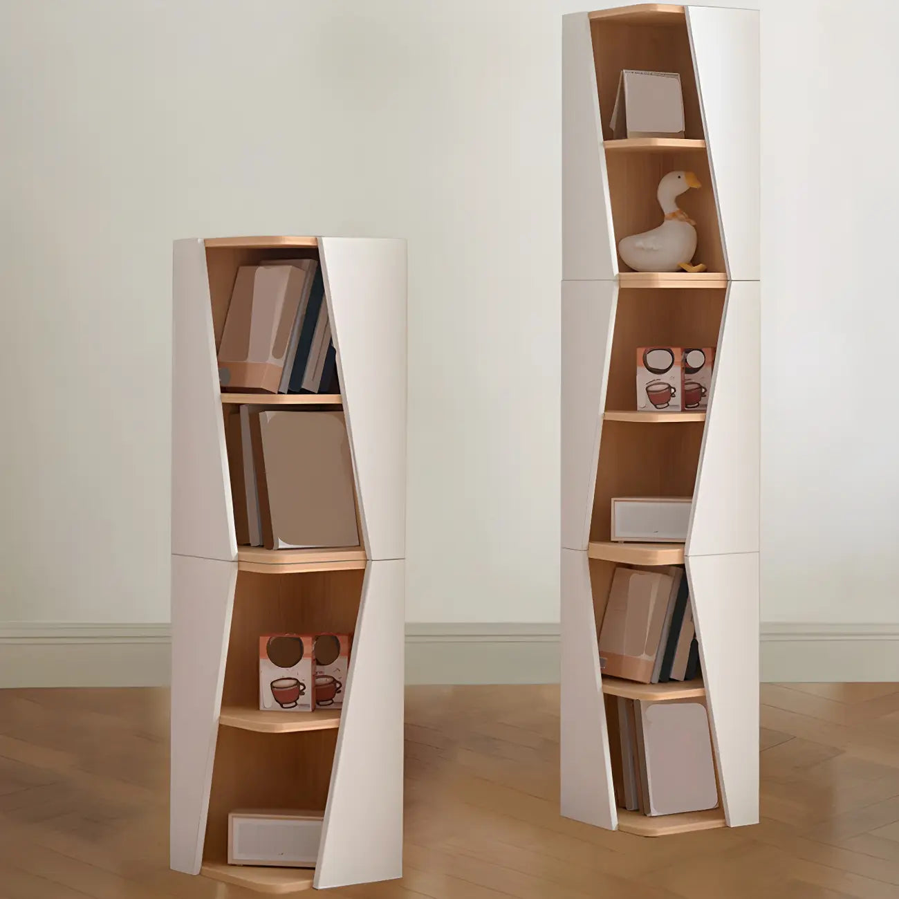 Bibliothèque d'angle artistique moderne en bois blanc
