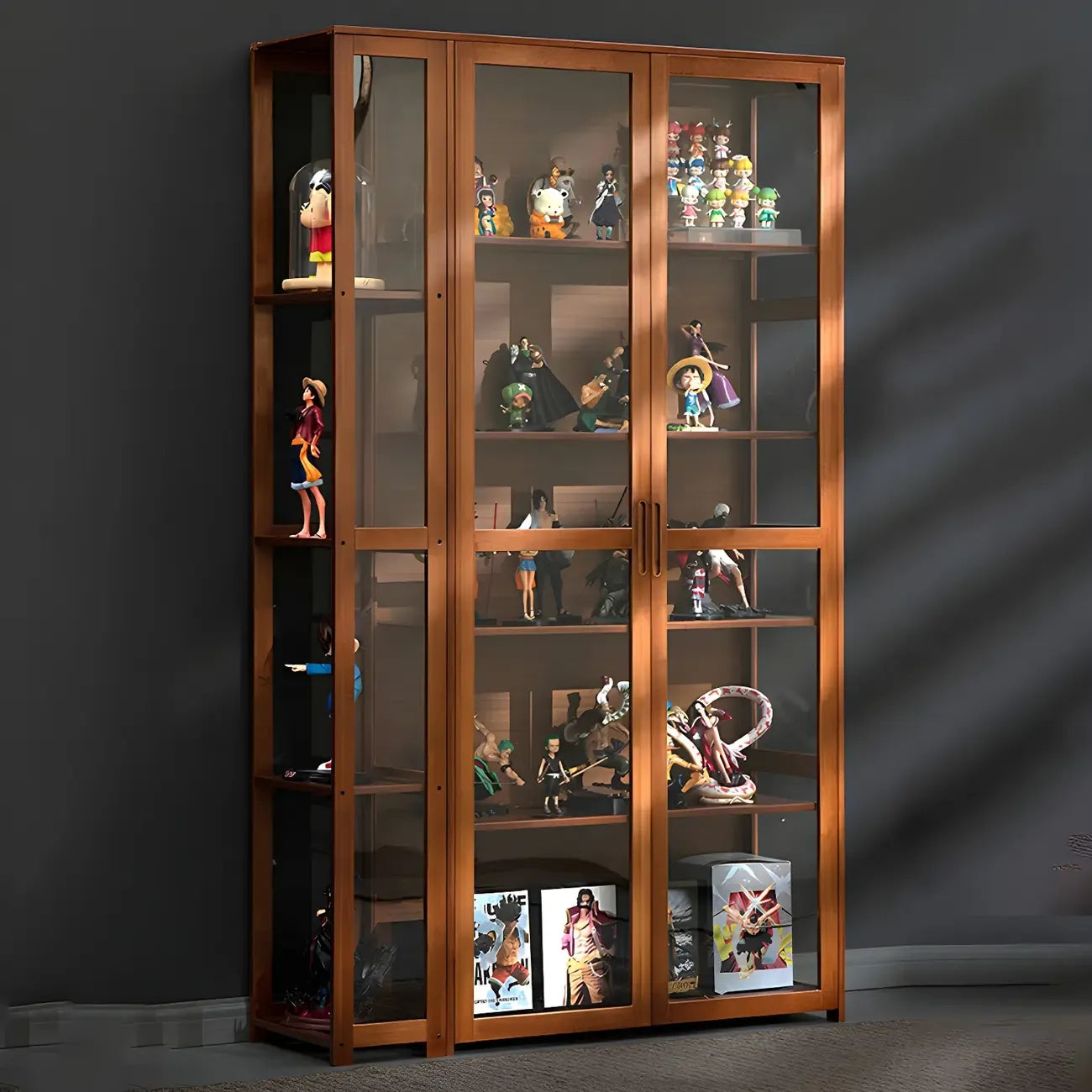 Vitrine ouverte en verre et bambou beige à 7 étagères