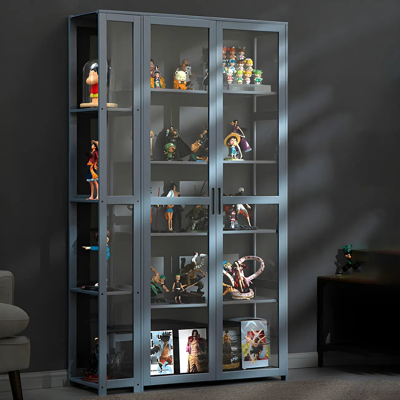 Vitrine ouverte en verre et bambou beige à 7 étagères