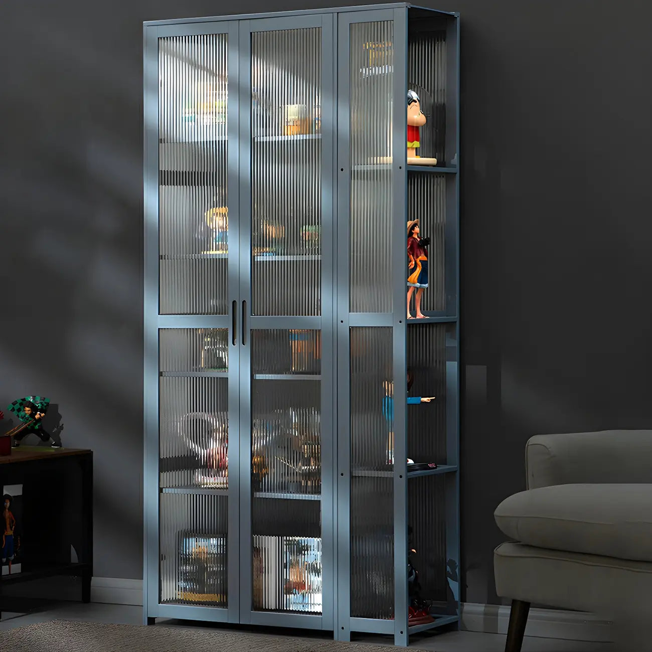 Vitrine ouverte en verre et bambou beige à 7 étagères