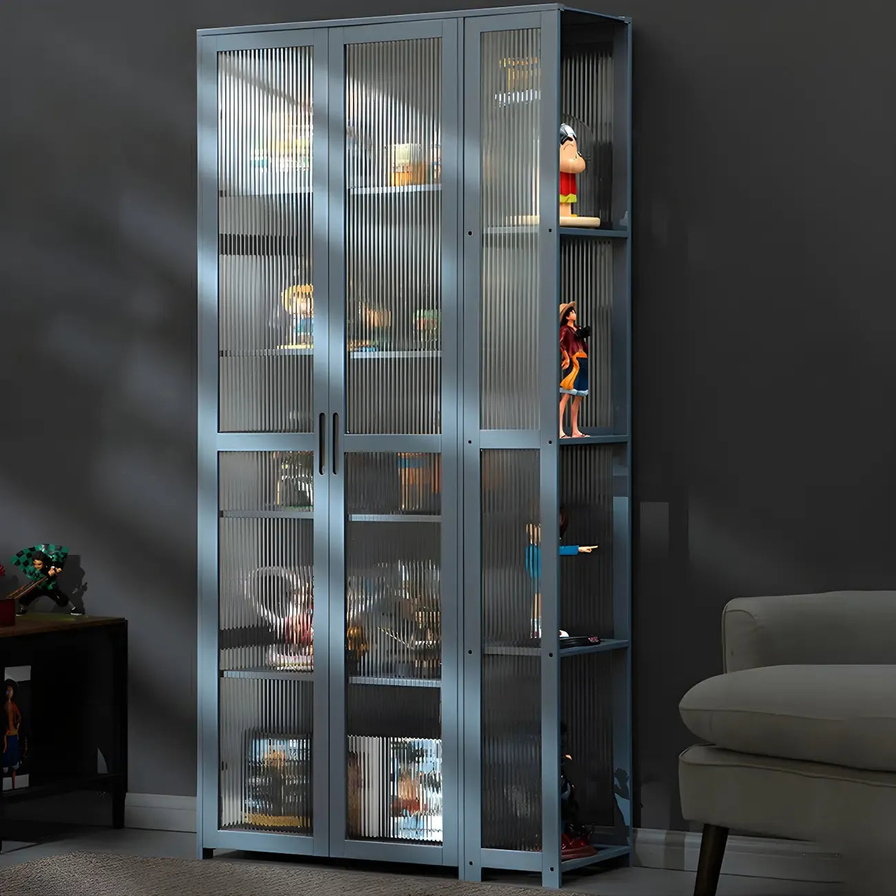 Vitrine ouverte en verre et bambou beige à 7 étagères