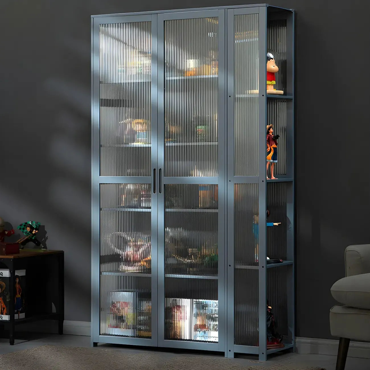 Vitrine ouverte en verre et bambou beige à 7 étagères