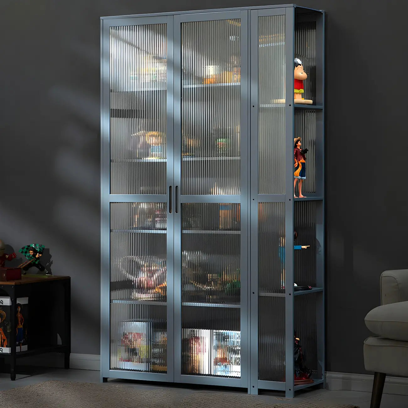 Vitrine ouverte en verre et bambou beige à 7 étagères