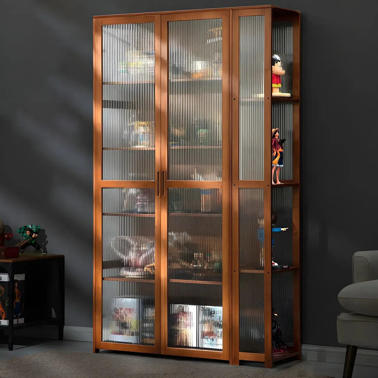 Vitrine ouverte en verre et bambou beige à 7 étagères