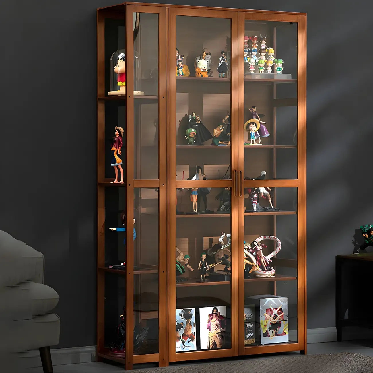 Vitrine ouverte en verre et bambou beige à 7 étagères