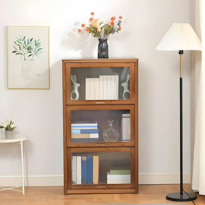 Vitrine réglable en bambou brun avec porte en verre