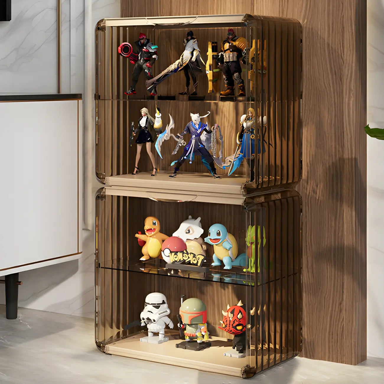 Vitrine empilable en acrylique transparent pour salon