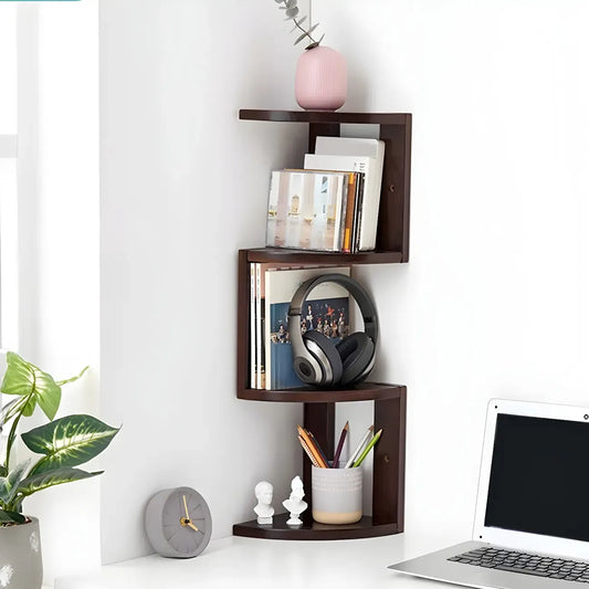 Étagères d'angle flottantes en chêne, étroites, à 4 niveaux.