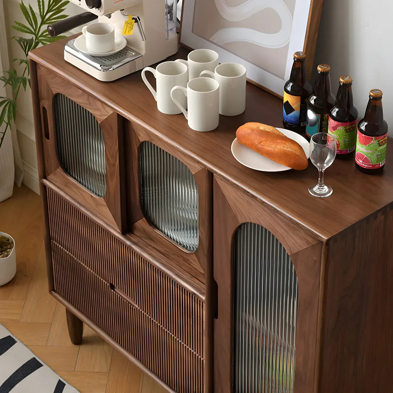 vaisselier réglable à tiroirs inférieurs en noyer