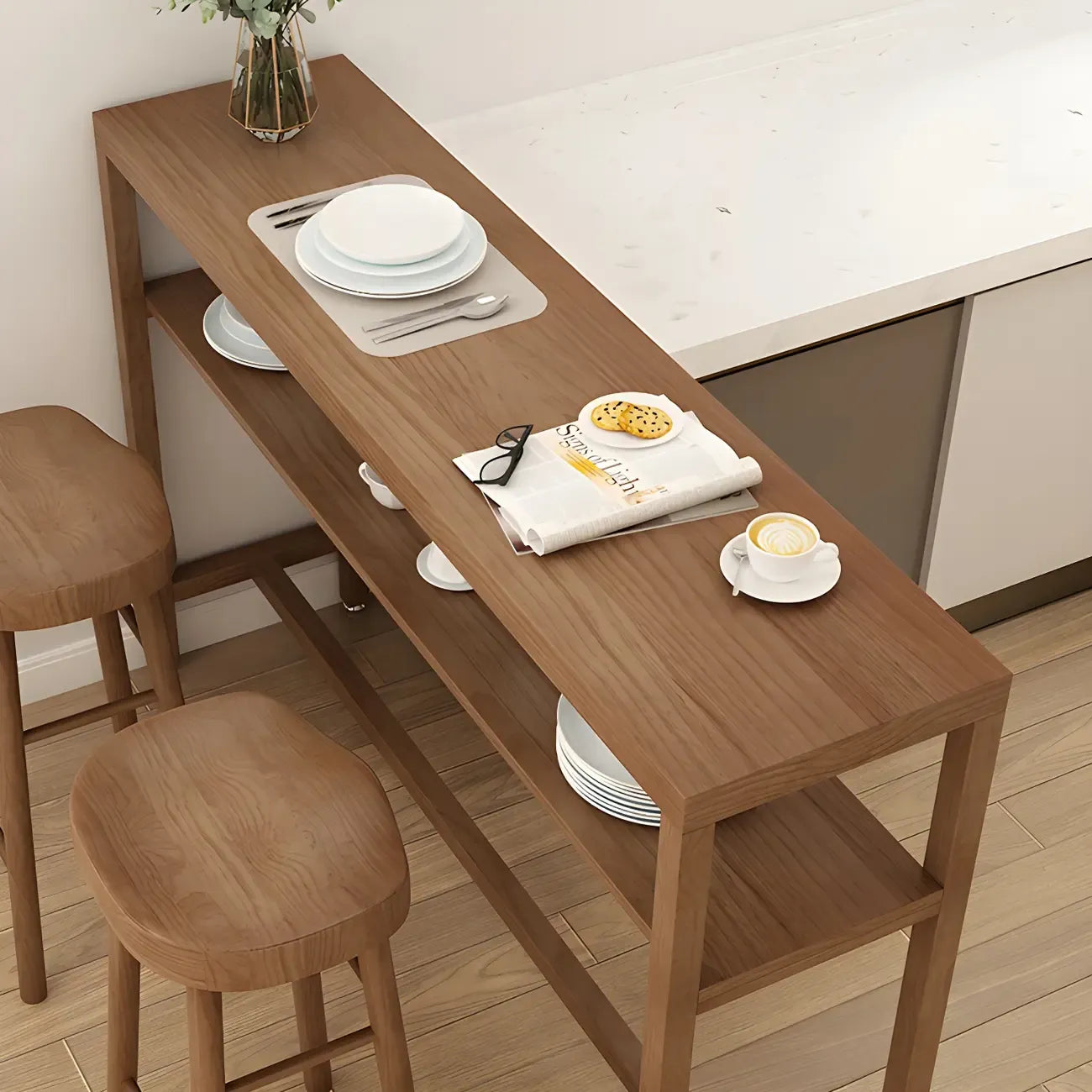 Tables de bar modernes en pin brun avec étagères de rangement