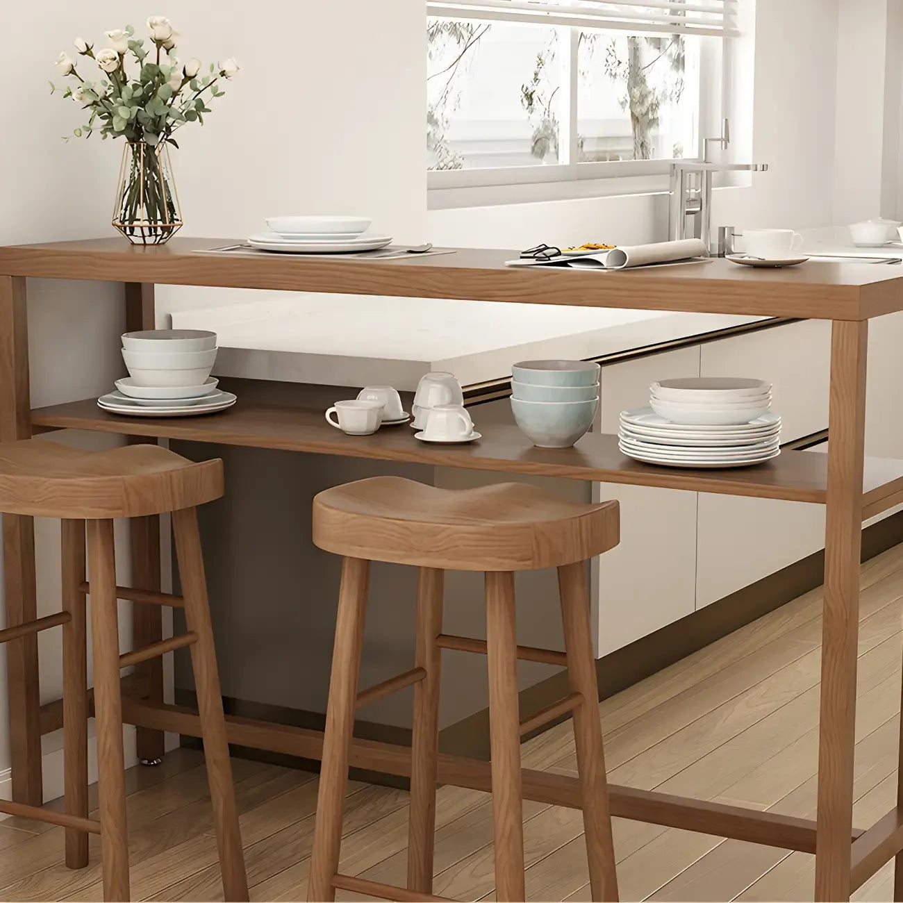 Tables de bar modernes en pin brun avec étagères de rangement