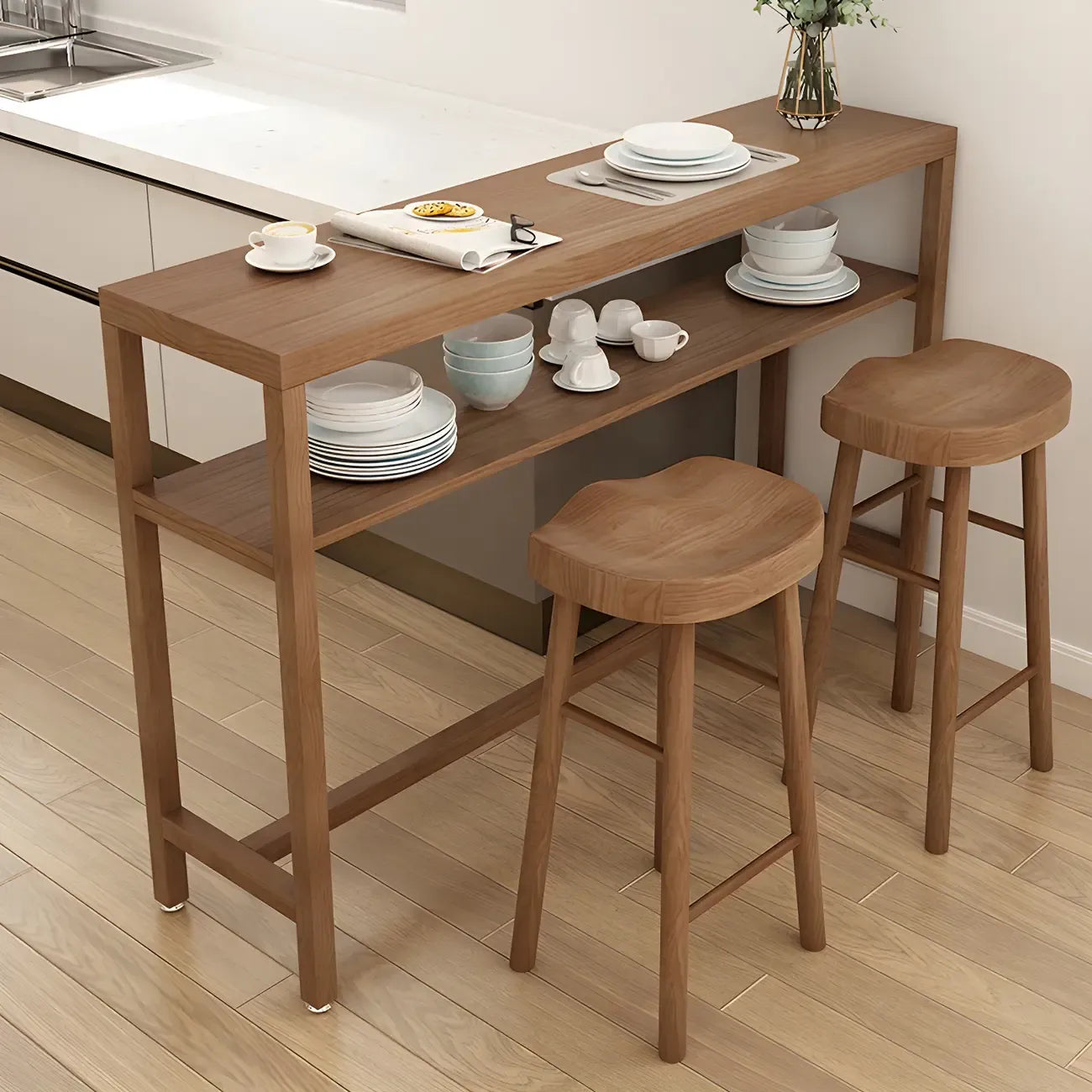 Tables de bar modernes en pin brun avec étagères de rangement