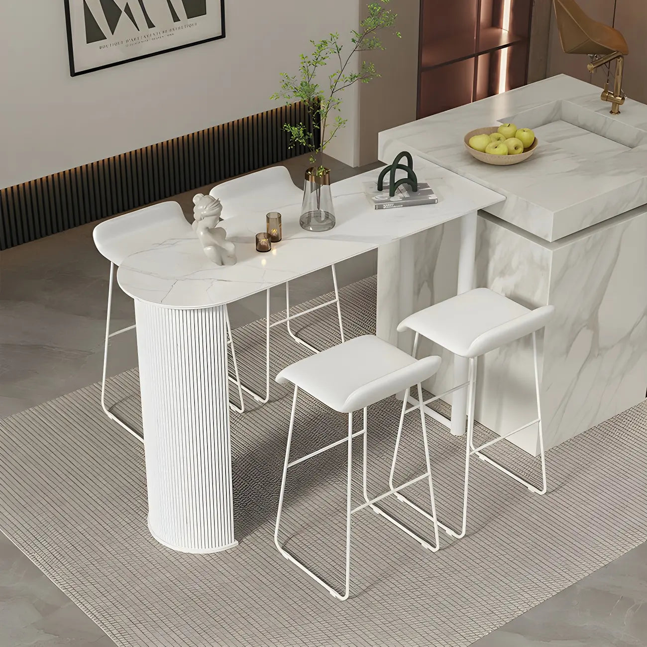 Tables de bar scandinaves en pierre blanche et fer forgé, de forme libre