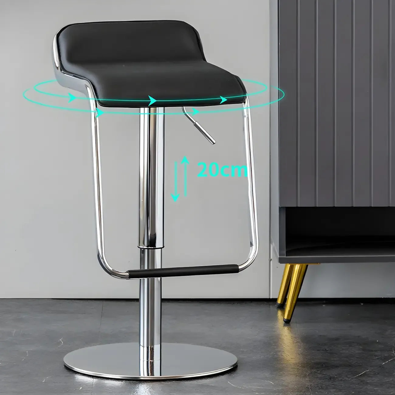 Tabouret de bar pivotant moderne sur pied, hauteur réglable, dossier bas, revêtement en similicuir.
