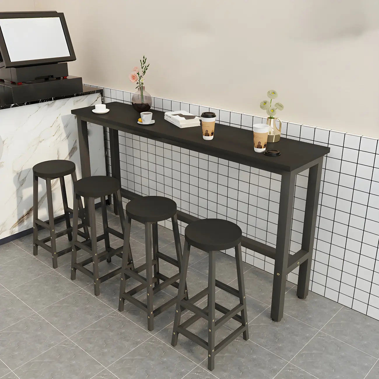 Tables de bar rectangulaires en bois naturel et métal à tréteaux