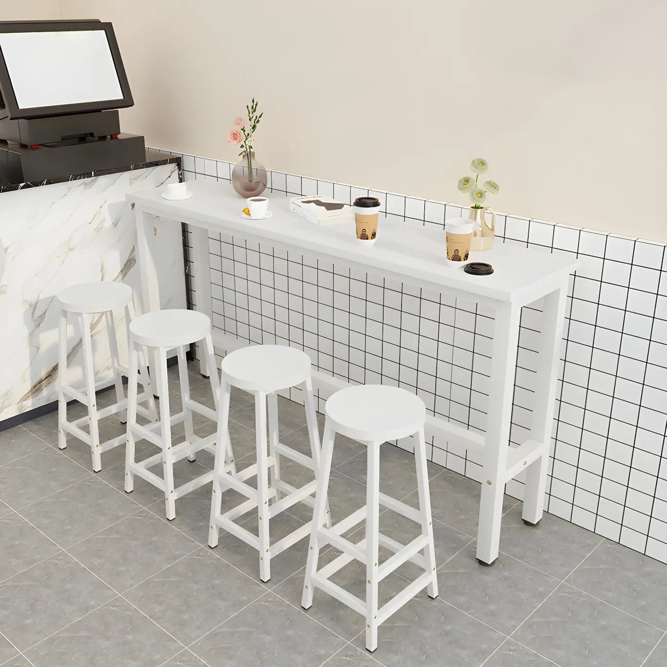 Tables de bar rectangulaires en bois naturel et métal à tréteaux