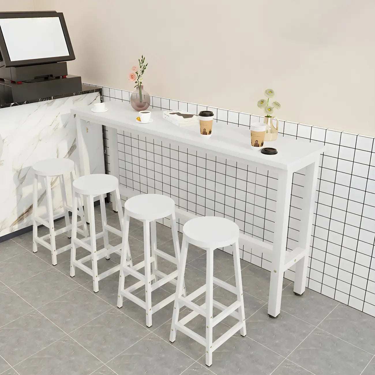 Tables de bar rectangulaires en bois naturel et métal à tréteaux