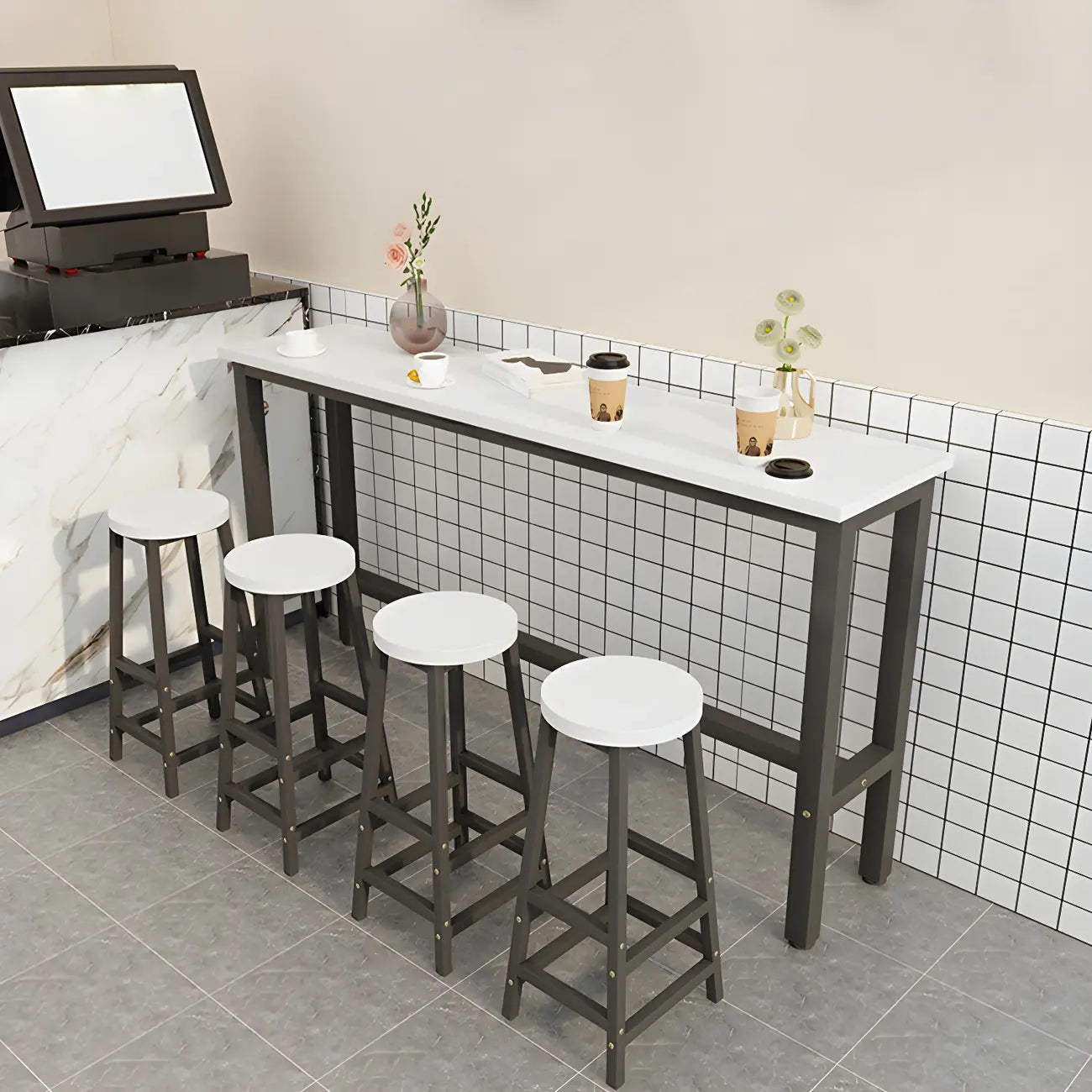 Tables de bar rectangulaires en bois naturel et métal à tréteaux