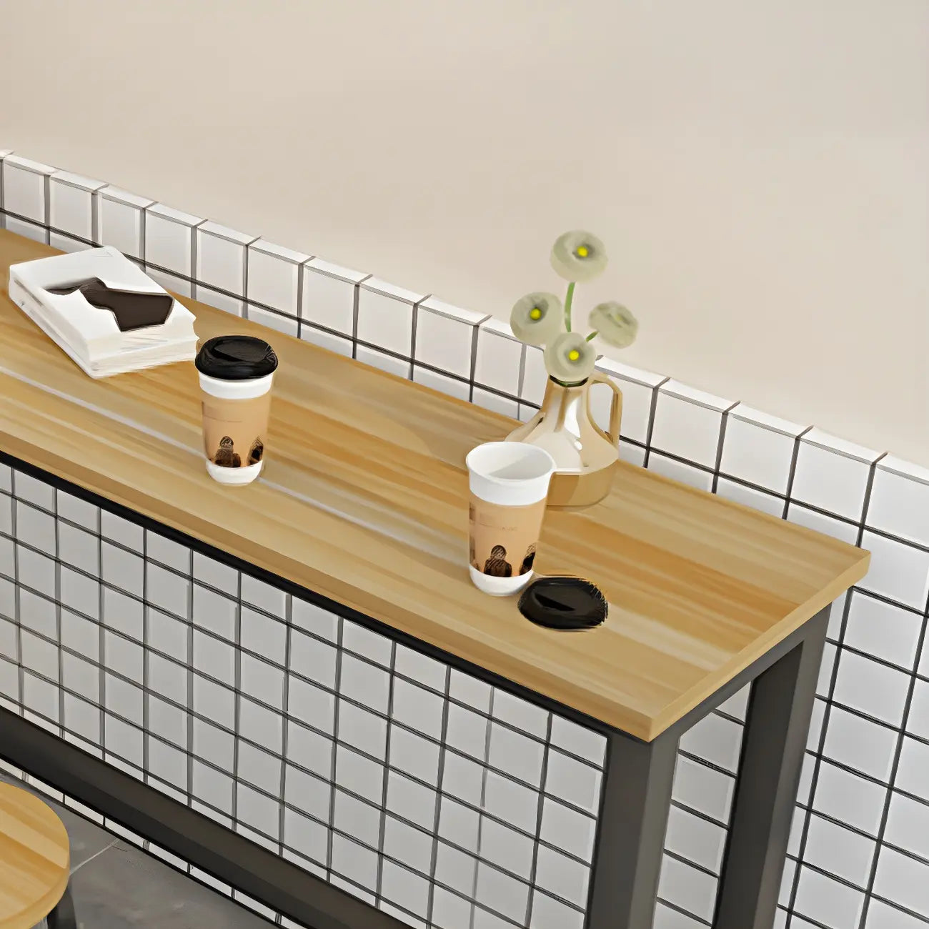 Tables de bar rectangulaires en bois naturel et métal à tréteaux