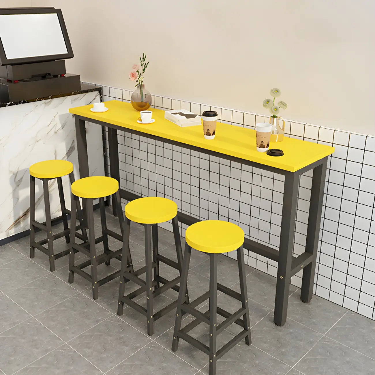 Tables de bar rectangulaires en bois naturel et métal à tréteaux
