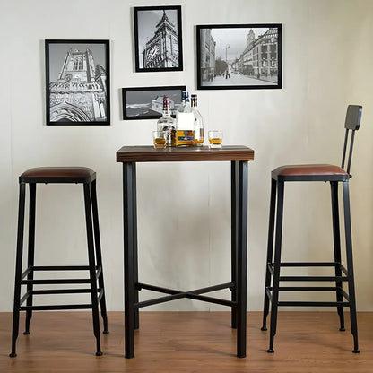 Tables de bar carrées industrielles en pin brun avec tréteaux en métal