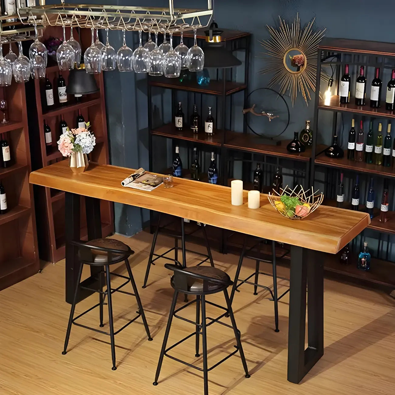 Table de bar rectangulaire en pin brun de style industriel avec piètement traîneau en métal