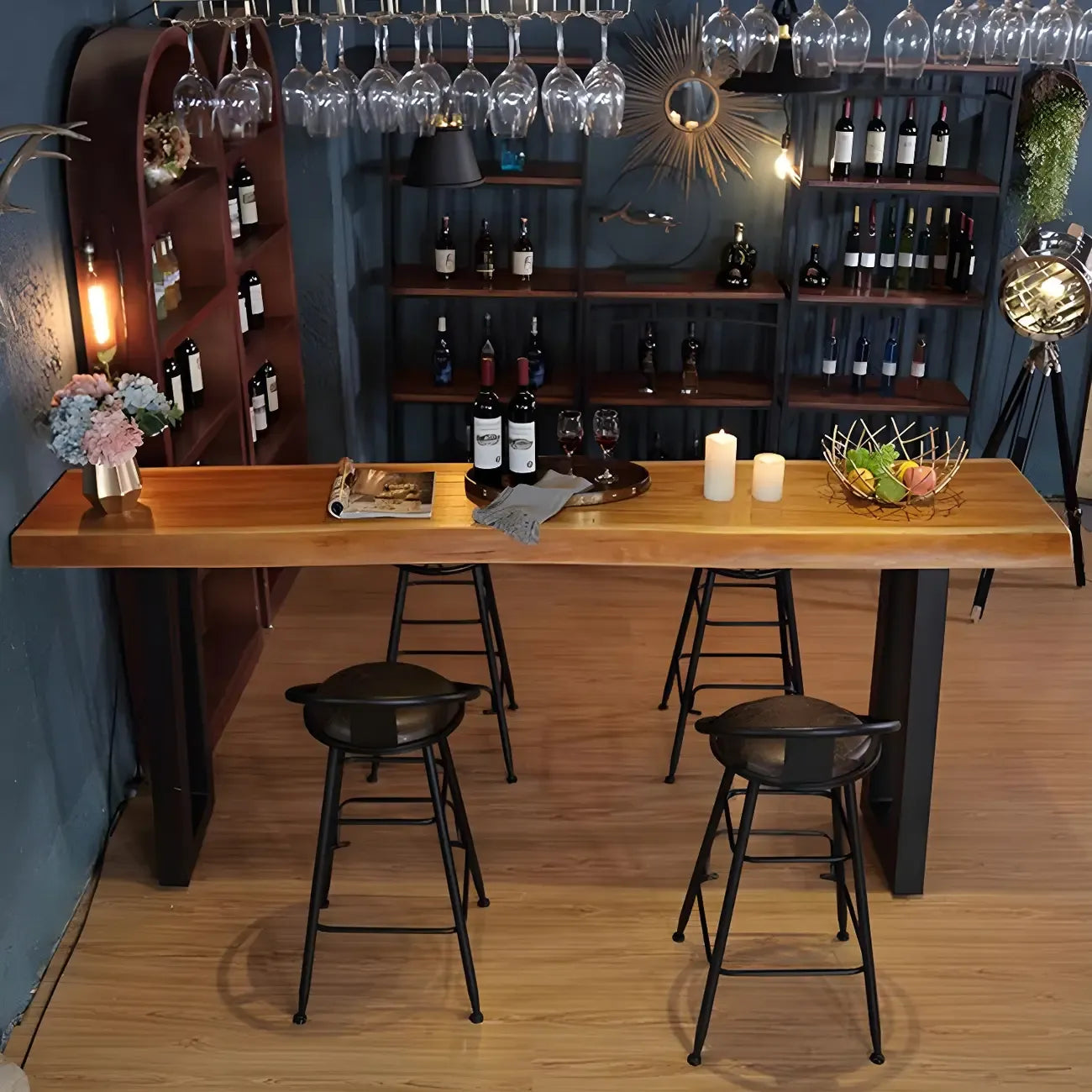 Table de bar rectangulaire en pin brun de style industriel avec piètement traîneau en métal