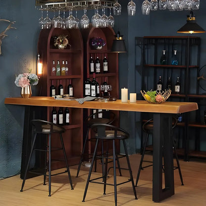 Table de bar rectangulaire en pin brun de style industriel avec piètement traîneau en métal