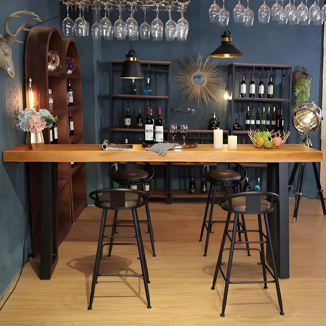 Table de bar rectangulaire en pin brun de style industriel avec piètement traîneau en métal