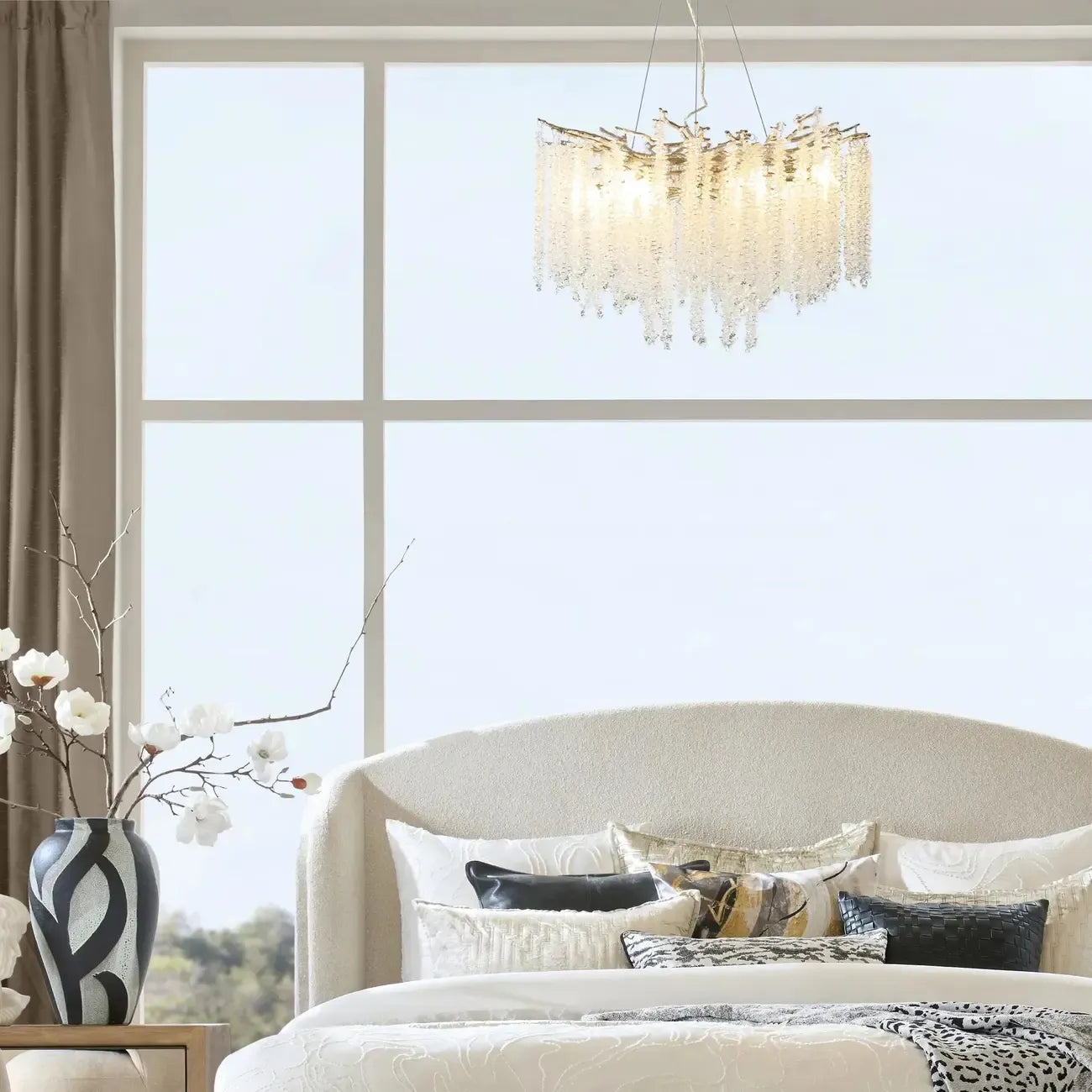 Lustre moderne à six lumières en cristal et perles, style branches